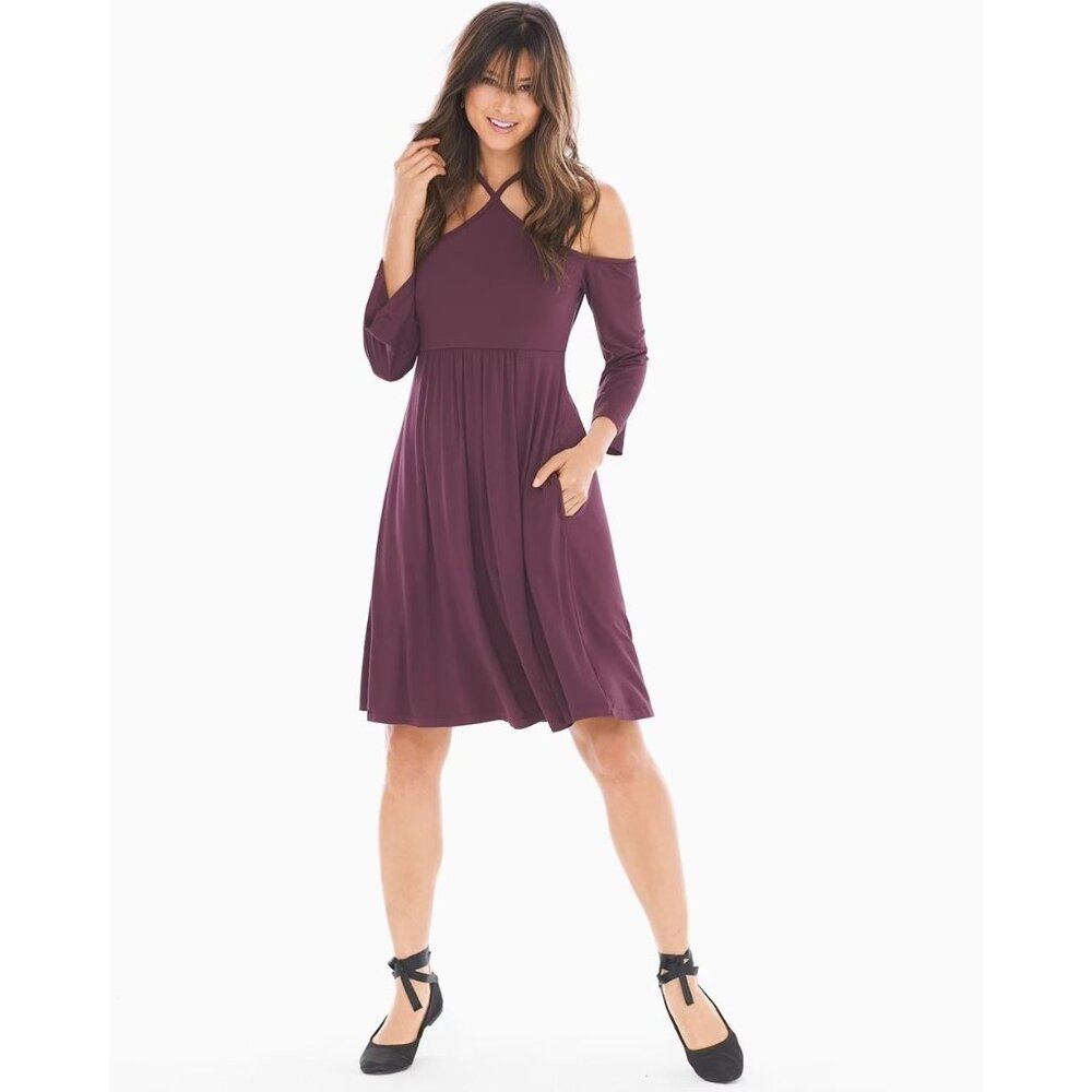 Soma Y Neck Dress Cold Shoulder Short Merlot Jersey Knit Pockets Size Small